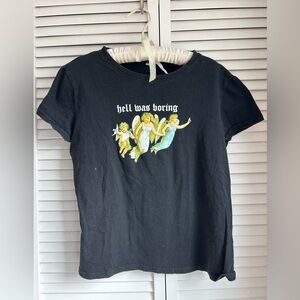 “Hell Was Boring” Black Graphic Tee with Angels 90s Vibes
